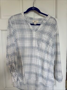 Style & Co. White and Blue Plaid Casual Button-Down Shirt